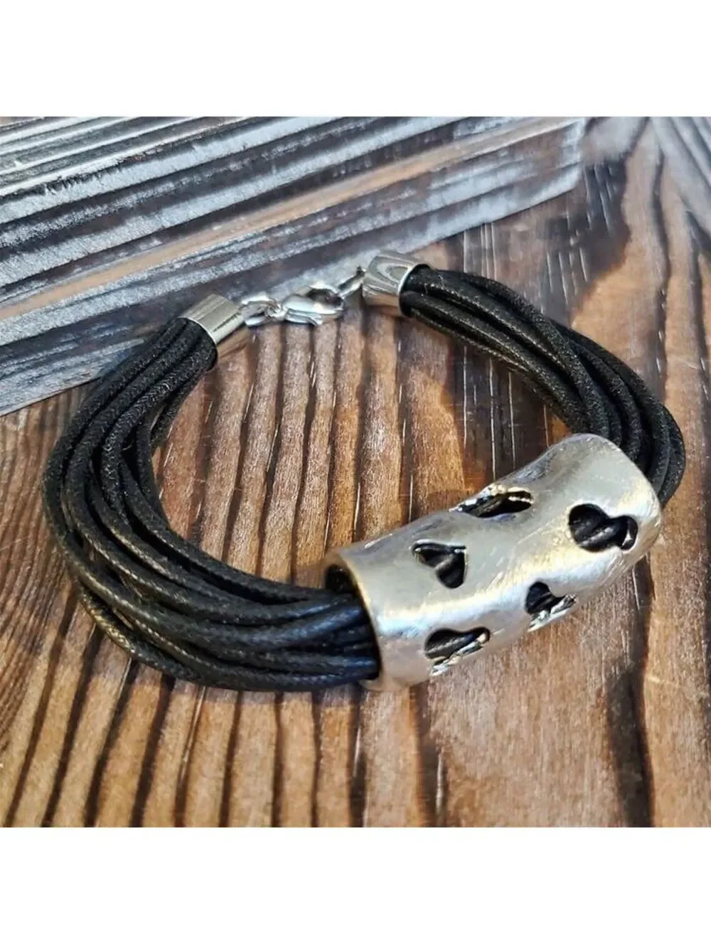 Avant Garde Silver Black Statement Bracelet Cutout Geometric Black Cotton